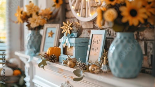Rustic Autumn Harvest Decor with Ribbons and Awards on a Family Mantelpiece