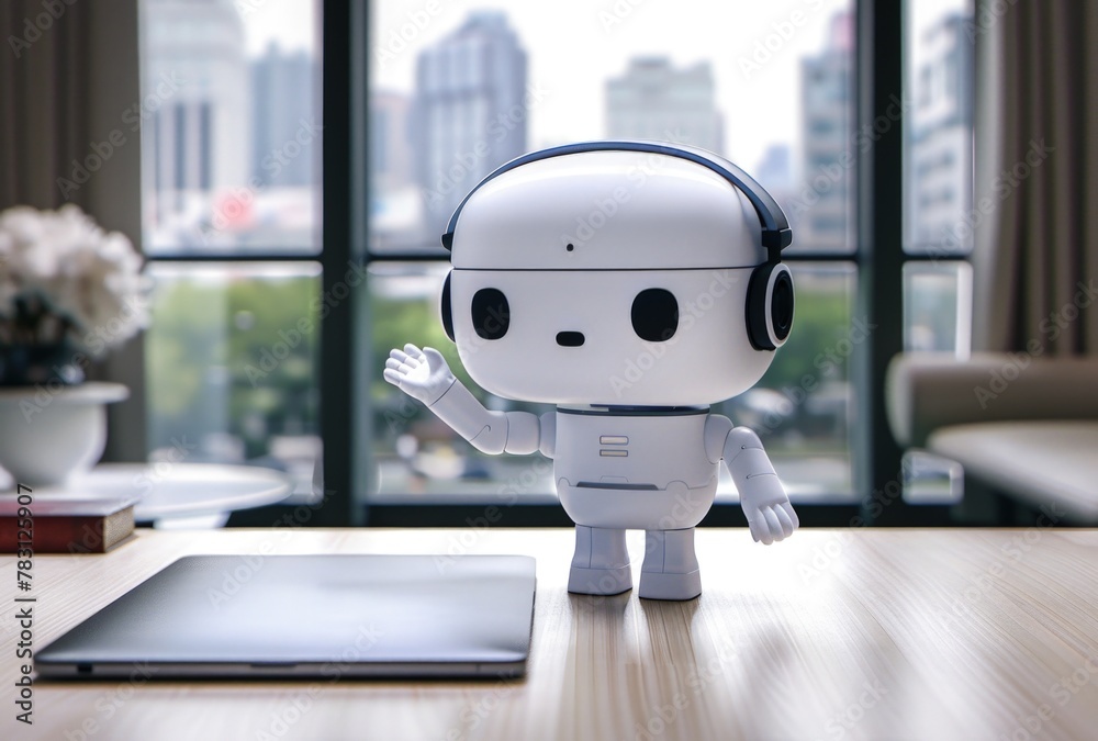 A cute white robot with headphones sitting at a table with laptop, concept of technology, artificial intelligence. A cute white robot with headphones sitting at a table with laptop, concept of technology, artificial intelligence.