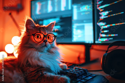 Ginger cat with glasses poses at a desk, exuding a scholarly air amidst a warm, bokeh light background photo