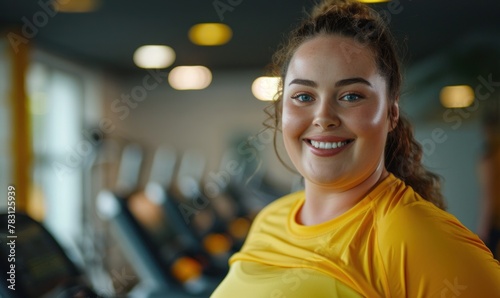A pleasantly plump young woman energetically exercises at the gym.
 photo
