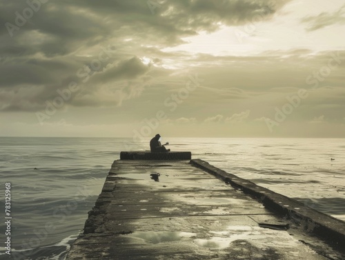 Solitary Musician Playing Haunting Melody on Weathered Pier, Contemplative Atmosphere, Vast Lake or Sea, Cloudy Sky, Muted Colors, Peaceful Isolation photo