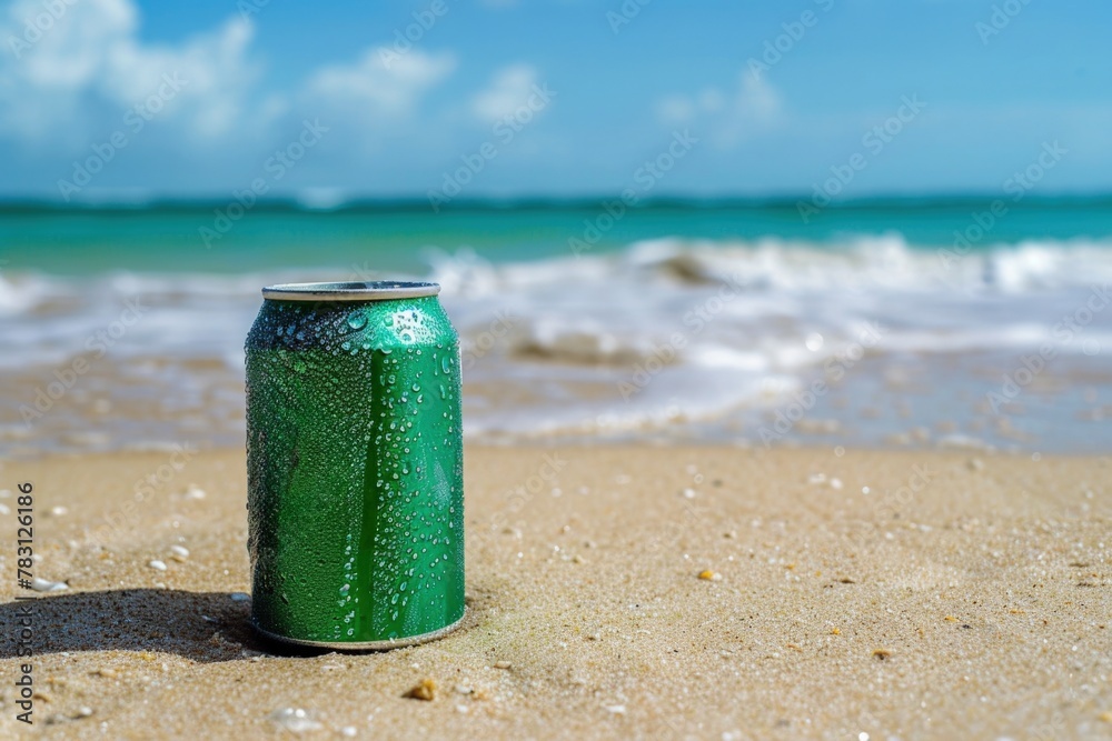 Green soda can on beach sand, concept of plastic waste, recycling, pollution prevention, environmental conservation. Green soda can on beach sand, concept of plastic waste, recycling, pollution prevention, environmental conservation.