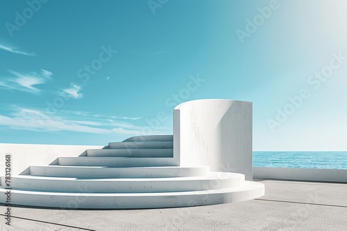 A sleek cylinder podium with stairs under the vast blue sky, minimal wall as its backdrop © miss[SIRI]