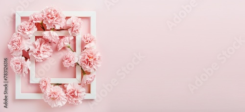 happy Mother day card template, carnations flower in white frame on pink pastel background copy space for text © id512
