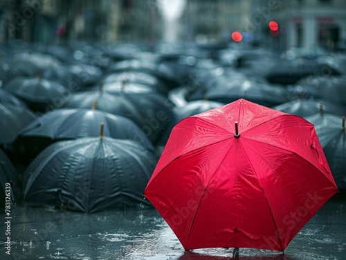 Lone Red Umbrella Stands Out in Sea of Black Umbrellas - Powerful Visual Metaphor for Individuality and Courage in Urban Rainy Scene photo