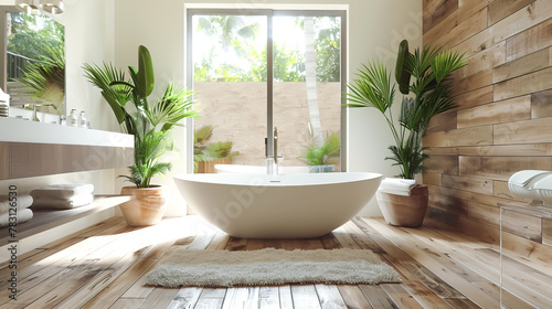 Modern spa-like bathroom with natural elements and tranquil design