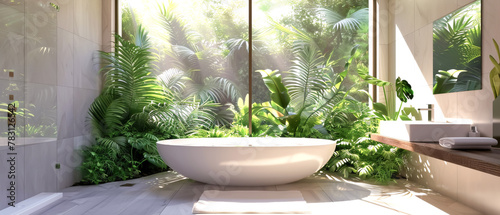 Lush greenery enhancing a bright and airy bathroom space