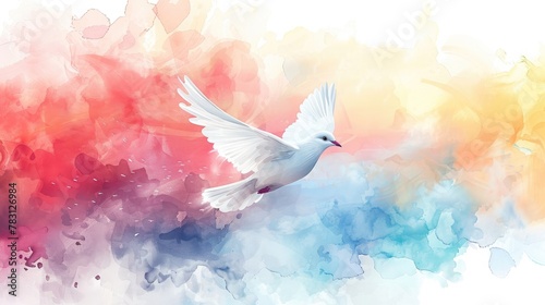 Dove of peace on watercolor background with copy space photo
