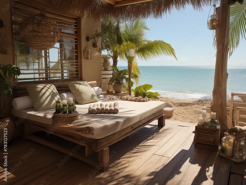 A Serene Beachside Cabana Awaits Guests in the Morning Sunlight A Serene Beachside Cabana Awaits Guests in the Morning Sunlight