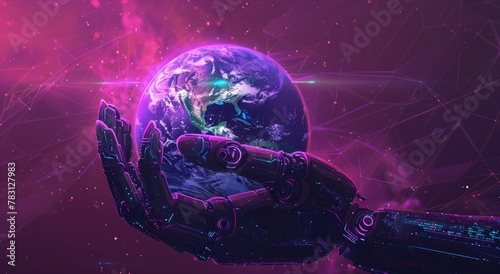 Robot hand holding planet Earth, concept of artificial intelligence, technological advancement.