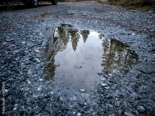 Trees and motorhome reflected in puddle on gravel path