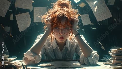 a red head curly hair woman sitting at her desk in an office surrounded by papers, wearing glasses and white shirt photo