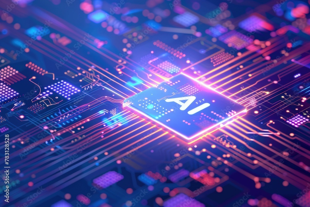 Circuit board with chip with word AI, concept of artificial intelligence and technology.