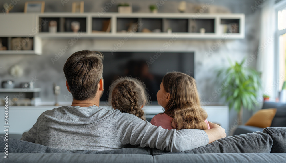 Dad with little daughters sitting on a sofa