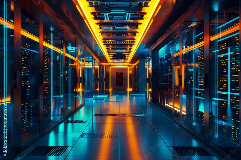 Fototapeta premium Modern data room with servers and network, super computer concept