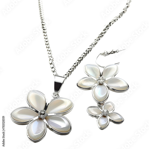 Elegant Flower-Shaped Silver Jewelry Set Including Necklace and Earrings, Depicting Sophistication and Elegance Concept.