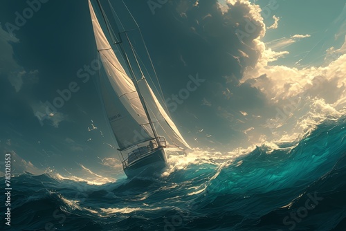 A sailboat in the middle of an ocean with rough waves