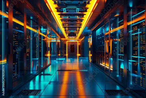 Modern data room with servers and network  super computer concept