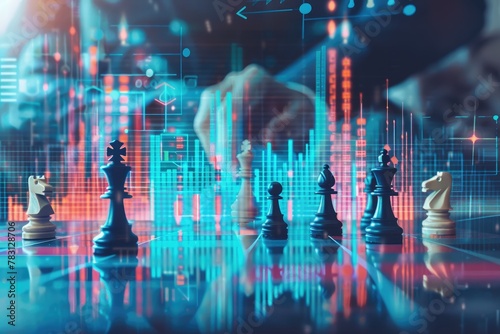 A conceptual scene of chess pieces on a board that doubles as a financial dashboard strategy meeting analytics