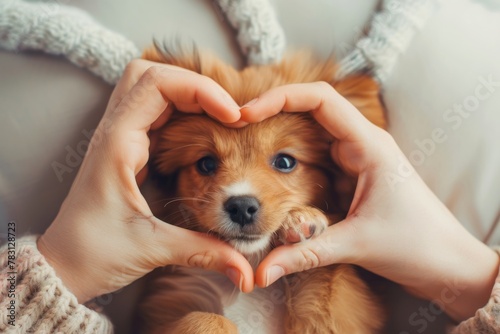 Person forming heart shape over fawn Toy dog with their hands