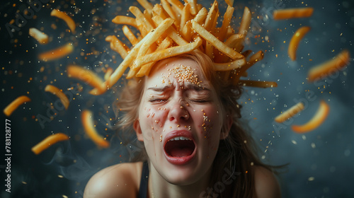 Chubby woman with a crown of french fries, engaging in a whimsical junk food duel  916 photo