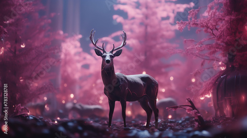 Deer with antlers of holographic candy bars, serene forest © Parinwat Studio