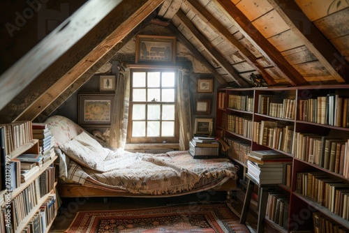 A cozy attic bedroom with a small bed surrounded by books and vintage decor