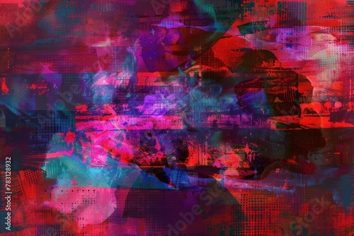 A dark, abstract painting with bright red, blue, and purple colors.