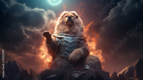 Lion surrounded by floating holographic fries, regal pose