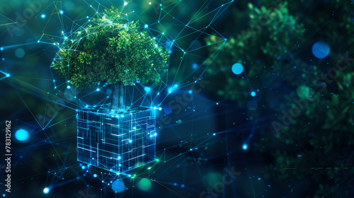 A tree is inside a cube with a blue background. The cube is surrounded by a network of lines, giving the impression of a futuristic, technological environment