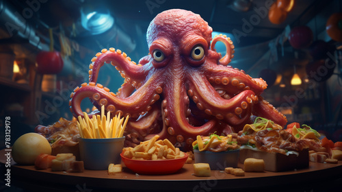 Octopus with tentacles holding various holographic fast foods, ocean depths © Parinwat Studio