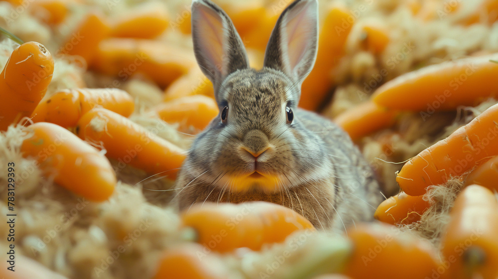 Rabbit encircled by holographic carrots turned junk food - obrazy, fototapety, plakaty 