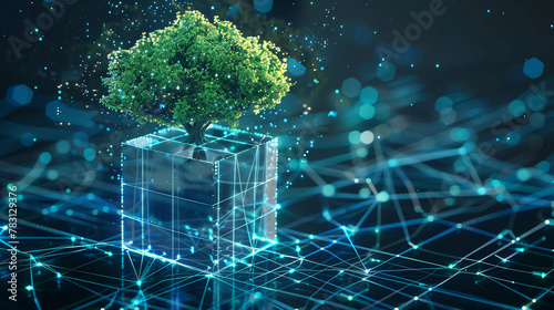 A tree is inside a cube with a blue background. The cube is surrounded by a network of lines, giving the impression of a futuristic, technological environment