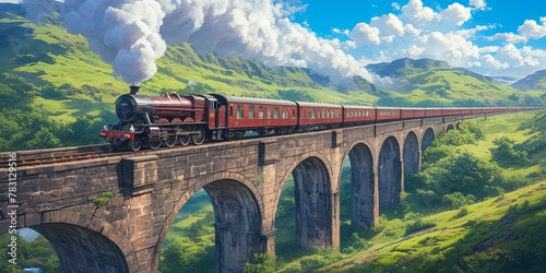 A steam train with red carriages is crossing the historic bridge in Scotland, surrounded by rolling hills and greenery. 