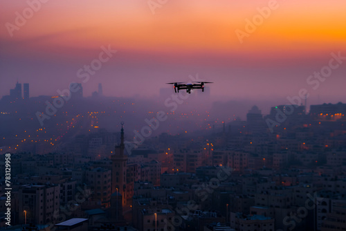 one drone over city at summer sunrise. Neural network generated image. Not based on any actual scene or pattern.