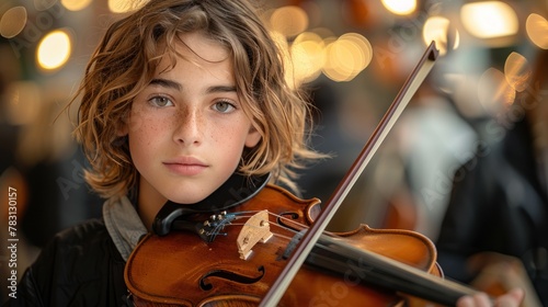 a young mischievous troublemaker teenager plays violin photo