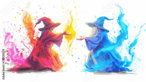 Cartoon magic duel, wizards casting spells at each other, vibrant magic effects, isolated on white background