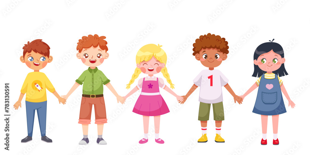 Five children of different races and ages hold hands. Vector cartoon illustration of childhood on white background Five children of different races and ages hold hands. Vector cartoon illustration of childhood on white background