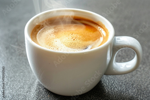 A steaming cup of coffee with delicate foam swirling on top, super realistic