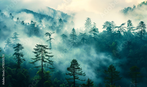 Serene Misty Forest Landscape - Peaceful Escape in Nature, Foggy Woodland Tranquility, Digital Detox Concept photo