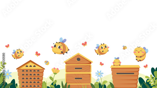 Banner, background with cartoon bees, hives and flowers. Vector flat illustration on white background © Sonika