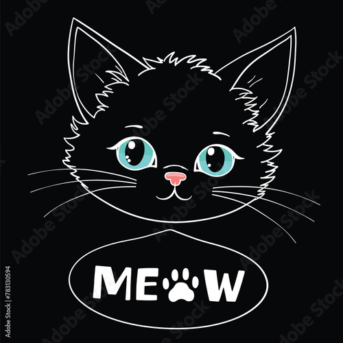 Cute black kitten face, Meow slogan text for t-shirt graphics, fashion prints and other uses