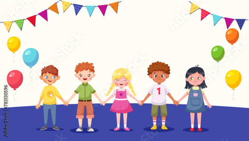 Children of different races and ages holding hands against a background of balloons and garlands. Festive background for children's parties, Children's Day, children's graduations © Sonika