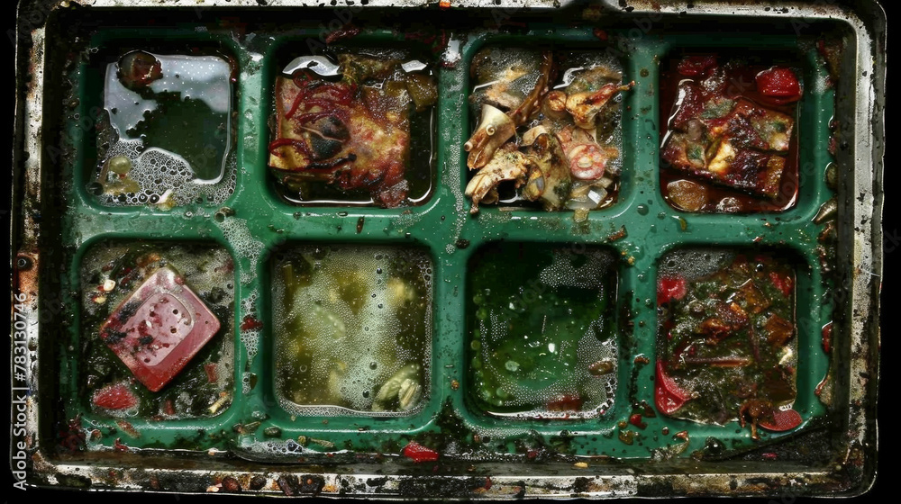 A green tray with food in it is dirty and has a lot of food in it. The tray is full of different types of food, including meat and vegetables