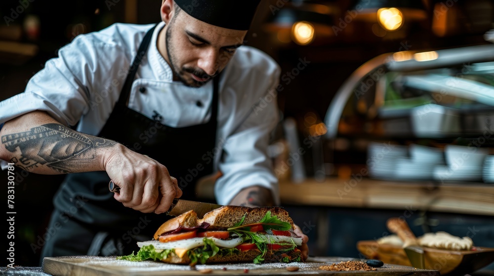 A chef is seen cutting a sandwich on a cutting board in a kitchen setting. Ingredients are arranged neatly in the background