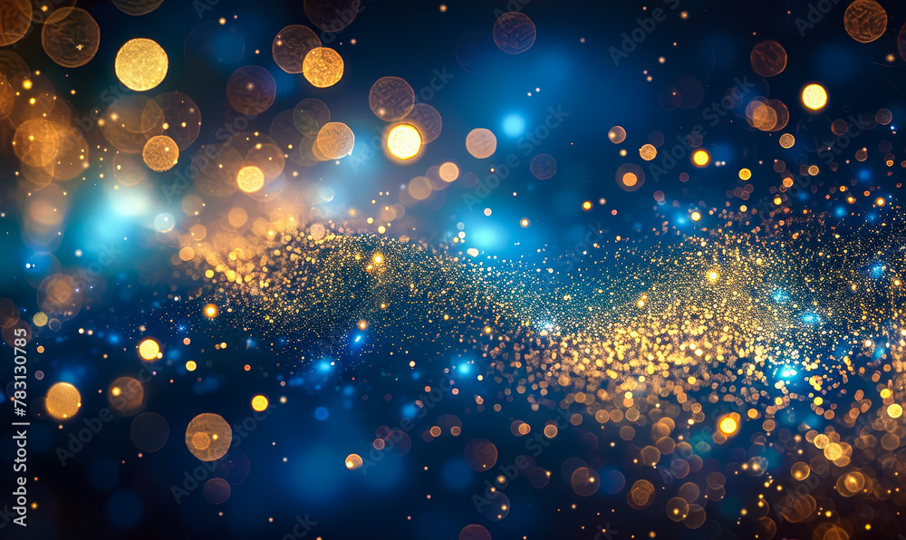 Naklejka premium Golden Glittering Particles and Bokeh Lights Floating in Abstract Blue Luminous Space
