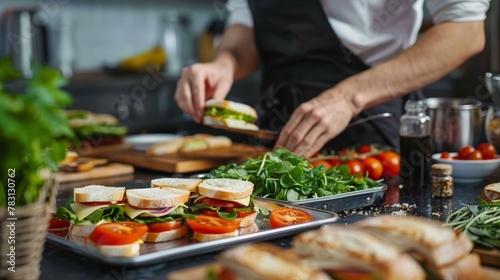 A man is seen preparing sandwiches on a table in a kitchen