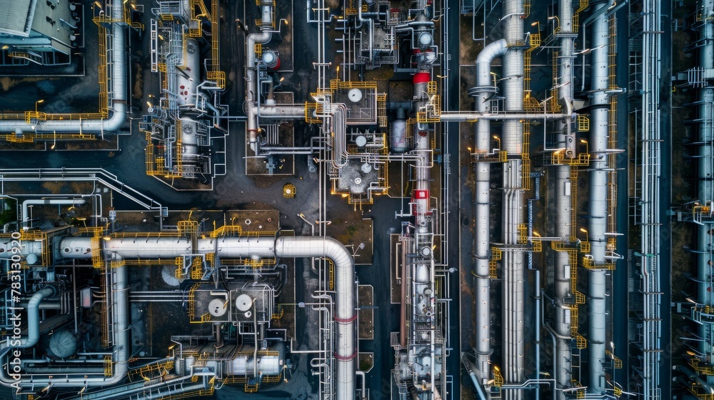 Aerial view of a large industrial pipe system within an oil refinery complex