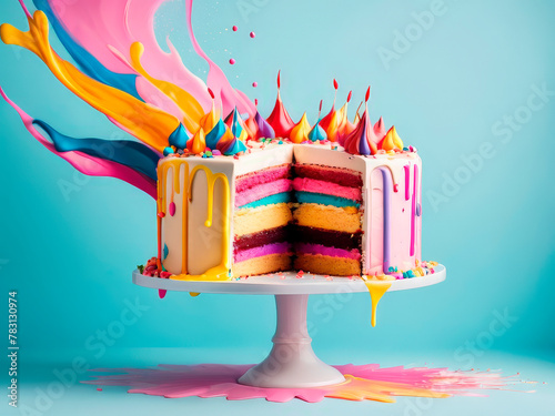 bright abstract multicolored cake on a stand