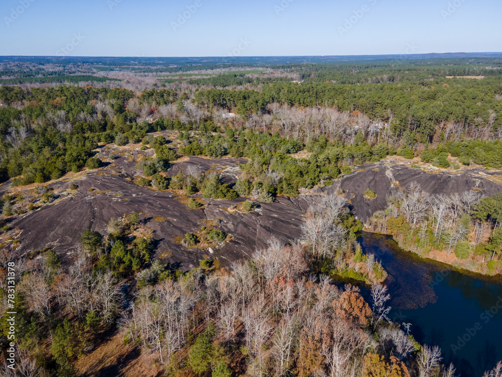 Aerial landscape of trees and a pond at Little Heggie's Rock in rural Appling Georgia